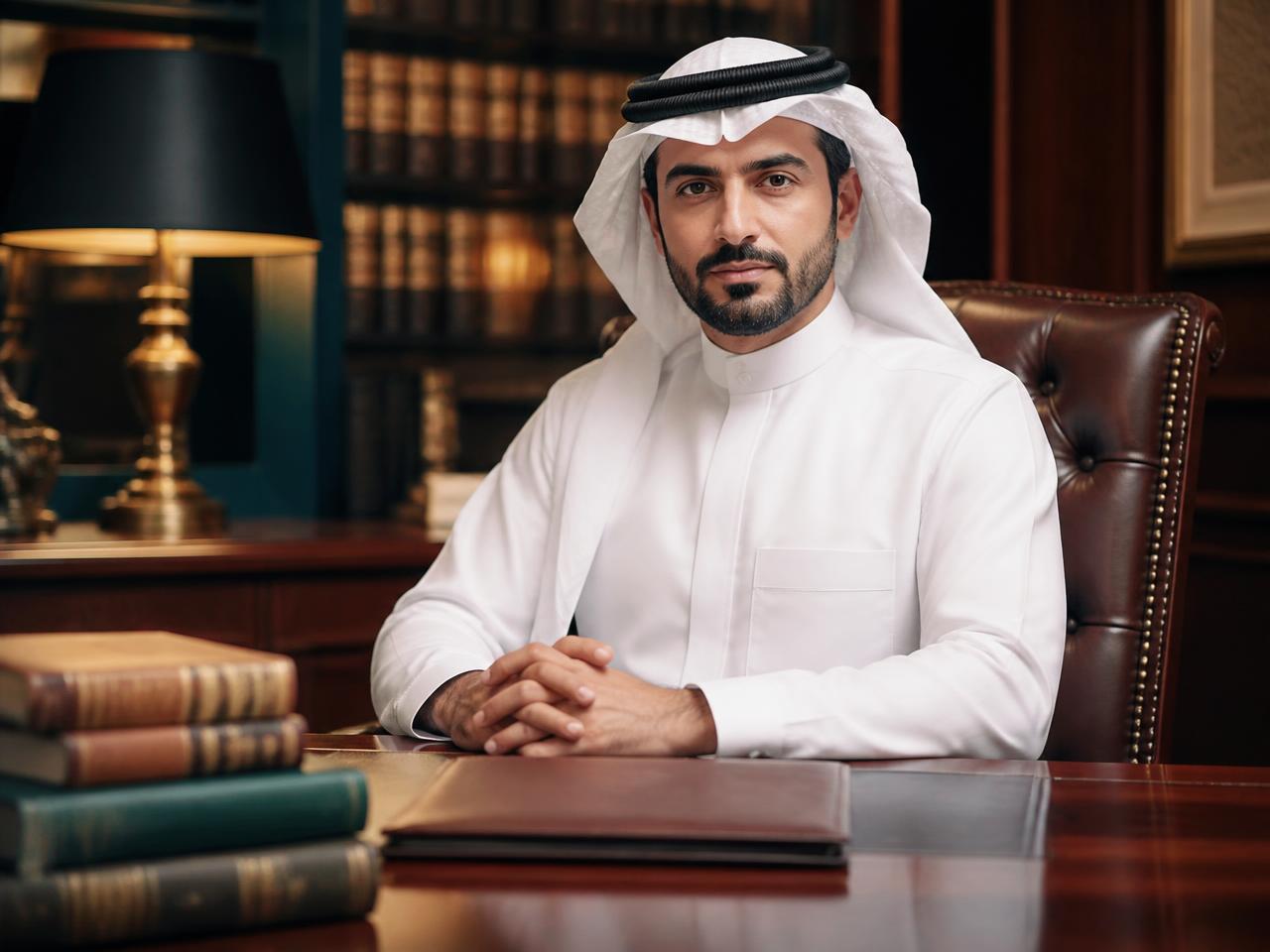 محامٍ خليجي يعمل على حاسبه في مكتبه